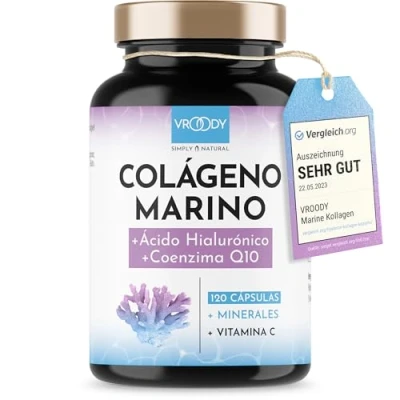 Imagen de Colageno Marino Hidrolizado 1000mg alta dosis 120 Cápsulas + Manganeso, Coenzima Q10, Zinc, Cobre, Vitaminas C y Biotina Libre de aditivos, Fabricado en Austria por VROODY