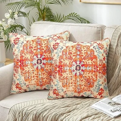 Imagen de Juego de 2 Boho Funda Cojín Lino 50x50 Bohemia Almohada Cuadrado Retro Fundas Cojines Naranja Geométricas Etnico Decorativos para Sofa Hogar Exterior Jardin Otoño