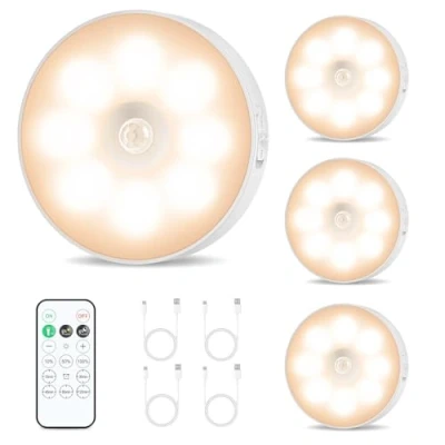 Imagen de Iluminación LED para vitrina inalámbrica, luz debajo del mostrador gabinete de cocina con sensor movimiento control remoto, nocturna regulable recargable(4 unidades) (WARM)