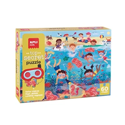 Imagen de APLI Kids 19220 Puzle Top Secret modelo PLAYA de 60 piezas con gafas mágicas para descubrir los elementos ocultos