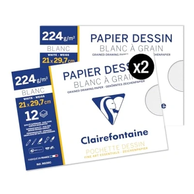 Imagen de Clairefontaine 96156AMZC Lote de 2 fundas dibujo escolar 12 hojas papel blanco con grano A4, 21 x 29,7 cm, 224 g, ideal para artes plásticas