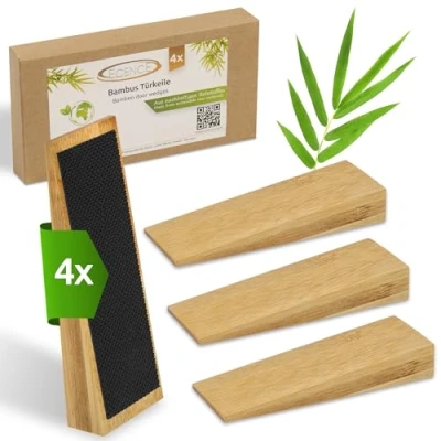 Imagen de ECENCE 4x Cuñas de Puerta Bambú Antideslizantes con Goma, Topes para puertas todo tipo puertas, Cuña habitaciones, acero