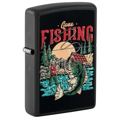 Imagen de Zippo Windproof Lighter Gone Fishing Design Black Matte Refillable for Lifetime Use Gift Box Metal Construction Made in USA