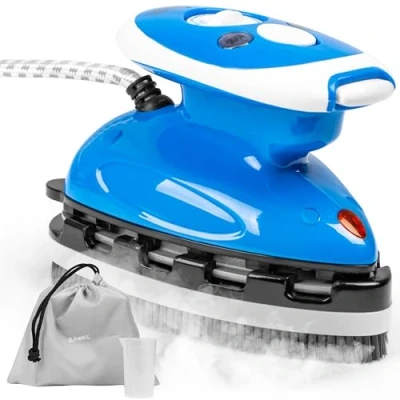 Imagen de Duronic SI2 BE Plancha de viaje con función vapor Potencia 375 W ligera y compacta 762g Depósito 50 ml Incluye cepillo, base, bolsa transporte vaso dosificador Color Azul