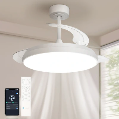Imagen de Aigostar Mesh Ventilador de Techo con luz Inteligente Aspas Retráctiles, LED 50W + DC 28W APP/Mando, CCT Regulable 2700K 6500K, Silencioso, Temporizador, Función Invierno/Verano (106cm)