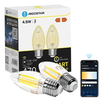 Imagen de Aigostar Edison Bombillas Alexa LED E27 Inteligentes 4.5W 470LM WIFI Bombilla Vintage C35 Filamento Regulable 2700K 6500K, compatible con Alexa/Google Home. Transparente 2 pack