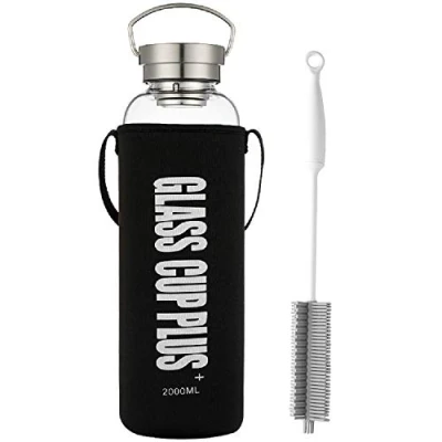 Imagen de sunkey Botella Agua Cristal 2L Grande de Claro Borosilicato Vidrio Portátil Manija Neopreno Funda Bpa Free Reutilizable y Durable