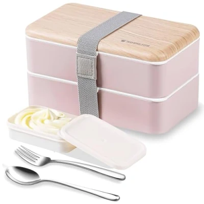Imagen de Binoster Fiambrera bento Box original Lunch Lunchbox Caja de Almuerzo contenedor Bundle Divider Estilo japonés a con acero inoxidable Utensilios cuchara y tenedor (Rosado)