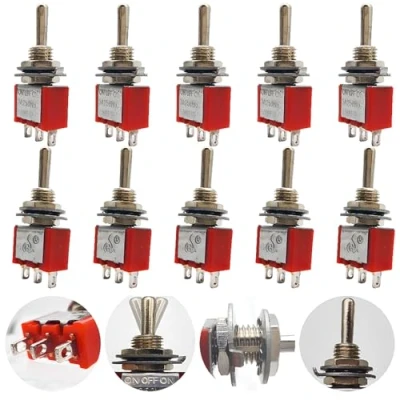 Imagen de CESFONJER 10 Piezas Mini Interruptor de Palanca, AC 125V 6A / 250V 2A ON Off 3 Pines Posiciones SPDT Rocker Switch (Rojo)