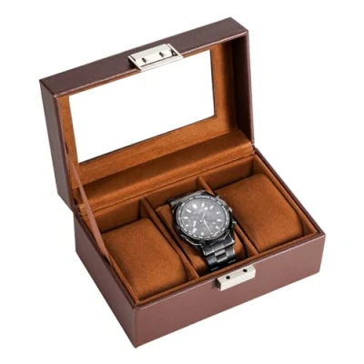 Imagen de Procase Caja de Relojes con 3 Compartimentos, Guarda Reloj Tapa Cristal y Cojín Extraíble Organizador para Hombres Mujeres Marrón