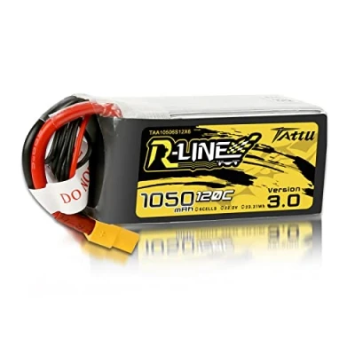 Imagen de Tattu Batería de polímero litio 6S Lipo 1050 mAh 120C 22,2 V 6S1P con conector XT60, serie R Line ha sido desarrollada para competiciones profesionales carreras FPV