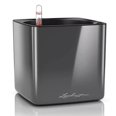 Imagen de LECHUZA Cube, 16 maceta de riego automático, pequeña, para interiores sin agujeros drenaje, poliresina, H16 L17 W17 cm, color carbón brillante