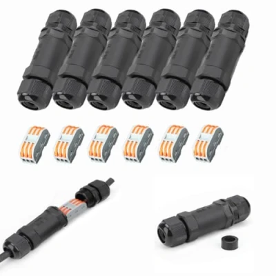 Imagen de Conector impermeable IP68, caja de conexiones al aire libre impermeable, derivación exterior 3 vías y terminales palanca, para cable Ø 6 a 11 mm (6 piezas)