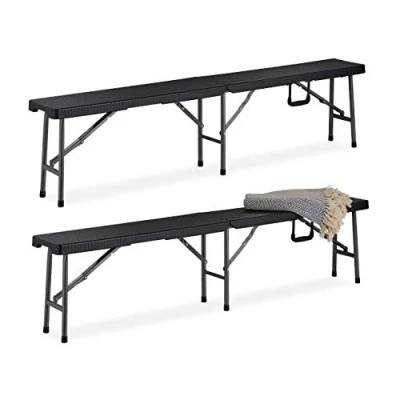 Imagen de Relaxdays Bierbank Pack 2 Bancos de Camping Plegables, Asientos Jardín, Balcón y Pícnic, Plástico, 43 x 179 24,5 cm, Negro, Acero