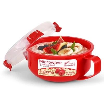 Imagen de Sistema bol de desayuno para microondas Recipiente redondo con tapa 850 ml Sin BPA Rojo 1 unidad