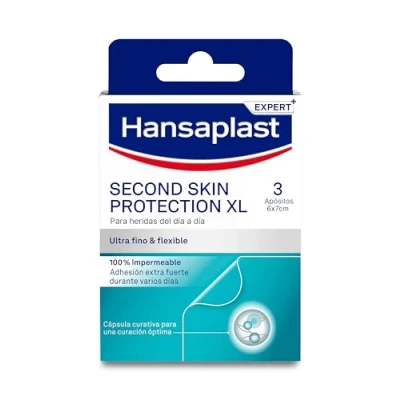 Imagen de Hansaplast Second Skin Protection XL, 3 apósitos grandes Hidrocoloides con tecnología de Cápsula Curativa, adhesivos adhesión extrafuerte +72 h, tiras adhesivas para heridas