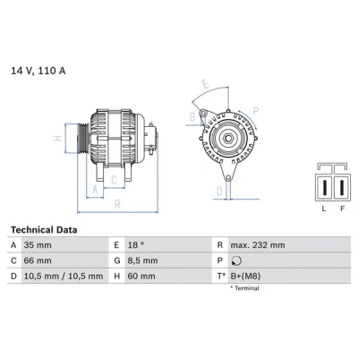 Imagen de BOSCH 0 986 048 301 Alternador 14V 110A OPEL: Astra H Hatchback, GTC, Corsa C Hatchback norauto, oscaro, mister auto