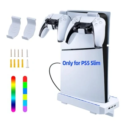 Imagen de Tolesum Soporte de Pared RGB para PS5 Slim, Estación Carga Slim Versiones Disco y Digital con 8 Modos RGB, Mandos PS5, 2 Puertos 2.0 USB Blanco