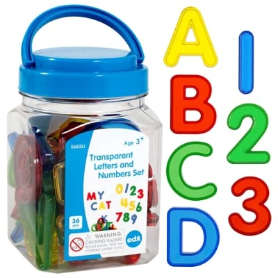 Imagen de edxeducation 56500 Juego de Letras y números Transparentes Mini Tarro Colorido, plástico Accesorio para Caja luz sensorial