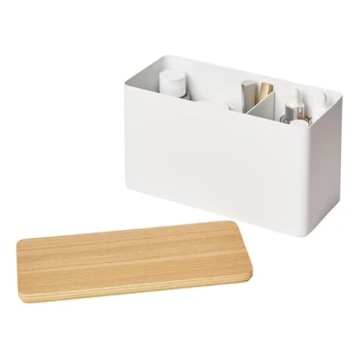 Imagen de YAMAZAKI 4808 RIN Caja de almacenaje, blanco, acero/madera, diseño minimalista, 23 x 10,5 14 cm (L An Al)