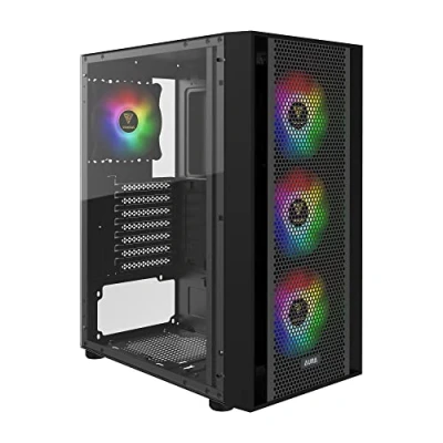 Imagen de GAMDIAS Zeus ATX Carcasa para computadora de Juegos Torre Media con Vidrio Templado Lateral, 4 Ventiladores ARGB 120 mm y sincronización Placa Base RGB 5 V excelente Flujo Aire