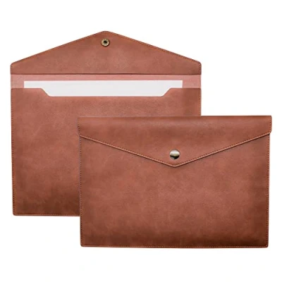 Imagen de VANRA 1 carpeta de archivos piel sintética A4, soporte para documentos, impermeable, organizador tamaño carta con cierre botón a presión, color marrón