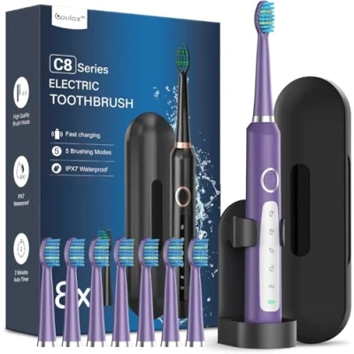 Imagen de Cepillos de Dientes Electricos Sónico Adultos con 8 Cabezal Cepillo Electrico Estuche, 5 Modos y IPX7, Eléctricos Ultrasónicos para Mujer Hombres, Morado Oscuro