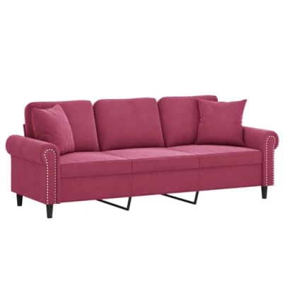 Imagen de vidaXL Sofá de 3 Plazas con Cojines, Asiento Reposabrazos, Tapizado Televisión, para Salón Hogar, Terciopelo Rojo Tinto