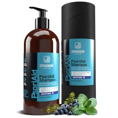 Imagen de NUEVO 2025 Sphagnum Botanicals Champú Natural para Psoriasis Tratamiento Cuero Cabelludo Seco y con Picazón Mentol, Ácido Salicílico 3% Barro de Turba. Alivio Caspa Eczema, 400 ml