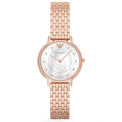 Imagen de Emporio Armani Reloj de señora, movimiento dos manecillas, caja acero inoxidable dorado rosa 32 mm con correa inoxidable, AR11006, Oro y blanco perla