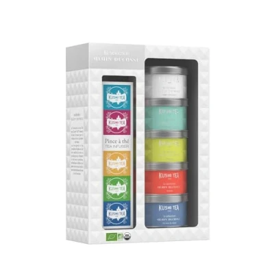 Imagen de Kusmi Tea Surtido de Té para Regalo Alain Ducasse y Colador Juego Cesta 100% Orgánico Pack Mujer u Hombre Hojas Sueltas 5 Variedades en Latas 25 g