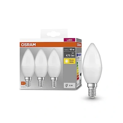 Imagen de OSRAM BASE CLASSIC B 40 FR LED Lampe mit Sockel E14, Minikerzenform, 3er Pack, 4,9W, 470lm, 2700K, warmweißes Licht, geringere Wärmeentwicklung, sehr geringer Energieverbrauch, lange Lebensdauer