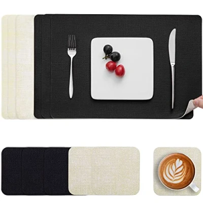 Imagen de Myir JUN Manteles Individuales y Posavasos, Salvamanteles de Cuero Juego 6 Mantel Individual Lavables Antideslizant Mesa Impermeables (Gris Beige, 6)