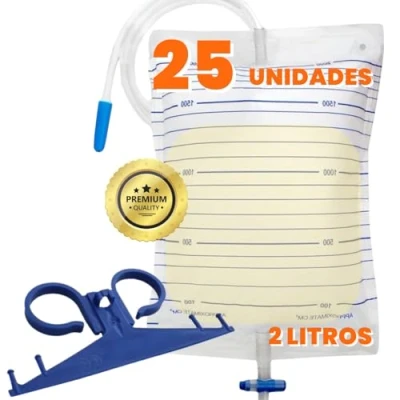 Imagen de OrtoPrime Bolsas de Orina 2 Litros PACK 25 UNIDADES Bolsa Orinal Adulto VÁLVULA T ANTIRREFLUJO Urinario HOMBRE Y MUJER Drenaje Sonda con GRIFO TUBO 120cm