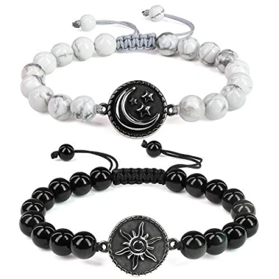 Imagen de COAI Pulseras de Larga Distancia para la Parejas Novios con Cuentas Piedra Natural Beneficiosa Howlita y Obsidiana Negra Dije Sol Luna