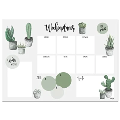 Imagen de Edition Seidel Vade de escritorio semanal papel para arrancar, DIN A3 To Do 25 hojas demolición, planificador semanal, (cactus cactus)