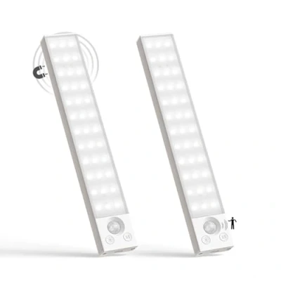 Imagen de LQWELL® Lámpara de Armario con 36 LEDs, Sensor Movimiento Inalámbrico, 22,5 cm, 1500 mAh, Recargable, Regulable, Para cocina, Armario, Estantería, Dormitorio (Blanco, 2 piezas)