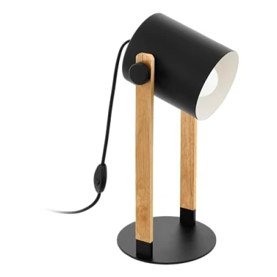 Imagen de EGLO lámpara de mesa Hornwood, vintage en diseño industrial, mesilla noche retro acero y madera, negro, crema, marrón, E27, certificado FSC, incluye interruptor