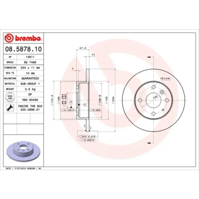 Imagen de BREMBO 08.5878.10 Disco de freno 234 11 4 macizo con tornillos