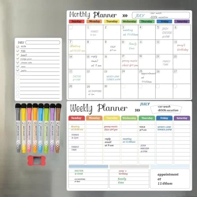 Imagen de Hivillexun Juego de Calendarios Magnéticos Pizarra Blanca (3 Paquetes) para Refrigerador, Pared y Organización con Notepads Mensuales, Semanales Diarios. Incluye 8 Marcadores 1 Borrador