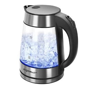 Imagen de Aigostar Chubby Hervidor de Agua Eléctrico Vidrio Borosilicato, Hervidora Cristal Acero Inoxidable con Iluminación LED, 1,7 litros, 2200 W, Apagado Automático, Filtro Extraíble, Libre BPA