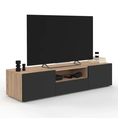 Imagen de Mueble de TV ELI 140 cm en madera haya con puertas negras IDMarket