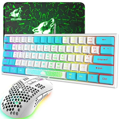 Imagen de K61 UK Layout RGB 60% Gaming Keyboard Mouse Set Cableado 62 teclas 7 LED Retroiluminado 19 Anti ghosting + 2400 DPI Ultraligero Honeycomb Shell Pad Blanco Mixto
