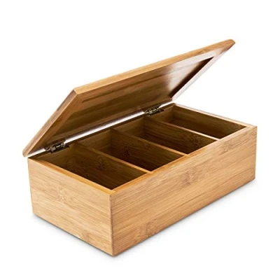 Imagen de Relaxdays bolsitas Caja de Té Bambú, Tea Box con Tapa, 4 Compartimentos para 80 Bolsas Infusiones, Cajita Joyas Madera, Natural, 9 x 16 28.5 cm