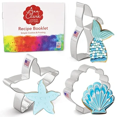 Imagen de Ann Clark Cookie Cutters Juego de 3 cortadores galletas sirena con libro recetas, cola sirena, estrella mar y concha marina Acero fabricado en EE. UU.