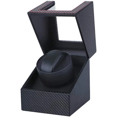 Imagen de Caja de enrollador Reloj Automatische Uhrenbeweger Box Single PU Leder Uhrengehäuse mit leisem Motor Batteriebetrieb oder Netzteil für Automatikuhren (Faser aus Kohlenstoff DGW)