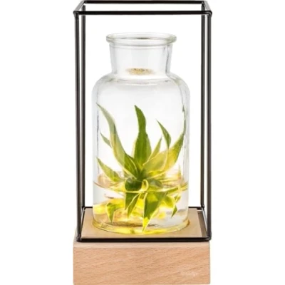 Imagen de Gadgy® Jarrón Decorativo con luz led Florero Vidrio Base de Madera Natural y diseño Metal l 22.5 x 10.8 10,8 cm