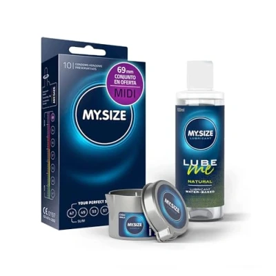 Imagen de paquete de ahorro MY.SIZE con preservativos 69 mm, 10 + lubricante natural 100 ml vela masaje