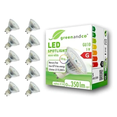 Imagen de 10x Spot LED greenandco® IRC90+ 3000K 110 GU10 5W (corresponde a 41W) 350lm SMD 230V AC, sin parpadeo, no regulable