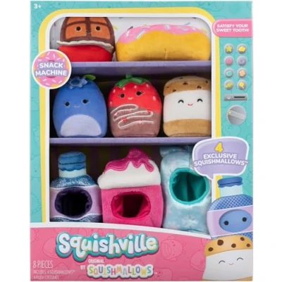 Imagen de Squishville by Original Squishmallows Snack Machine Paquete de accesorios para máquina bocadillos, cuatro peluches 2 pulgadas, incluyendo Bluby, Kaoko, Scarlett y Paulton